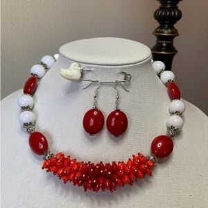 Elegant Red and White Beaded Necklace and Earring Set